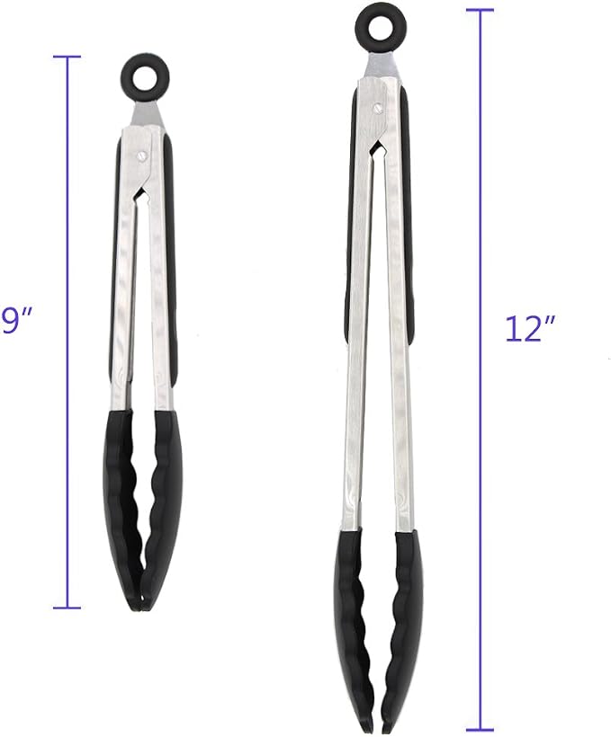 2 Pack Black Kitchen Tongs, Premium Silicone BPA Free Non-Stick Stainless Steel - Image 3