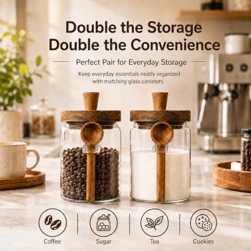 ANSQU Set of 2 Glass Coffee Canisters, 20.3 oz Jars with Spoons