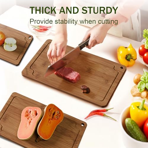 3-Piece Bamboo Cutting Board Set Serving Tray Juice GroovesHandles
