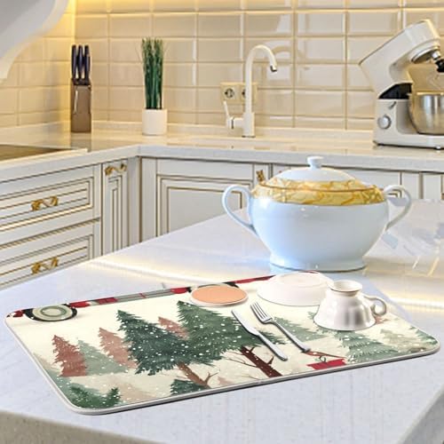 OTVEE Red Truck Xmas Joy Dish Drying Mat for Kitchen Counter Absorbent