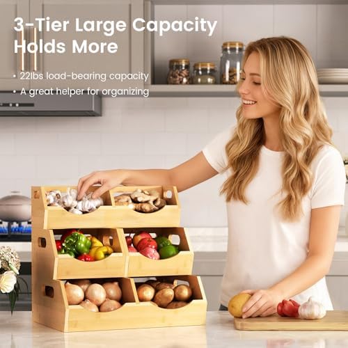 Onion Storage Bins Potato, 3 Tier Bamboo Pantry Storage Bin Stackable