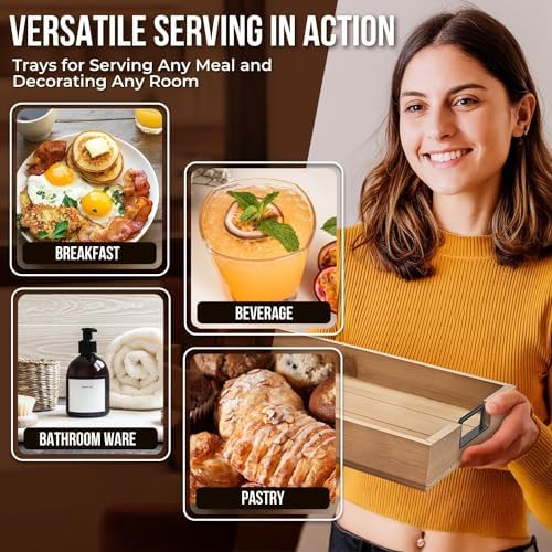 Flexzion Rustic Wooden Serving Trays Set of 3 with Handles, Stackable