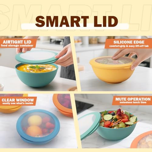 Wheat Straw Bowls Set with Lids, Unbreakable 40 OZ Cereal Bowls Set of