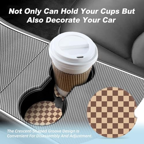 Brown Checkered Car Coasters for Cup Holders,2 Pack Car Cup Holder