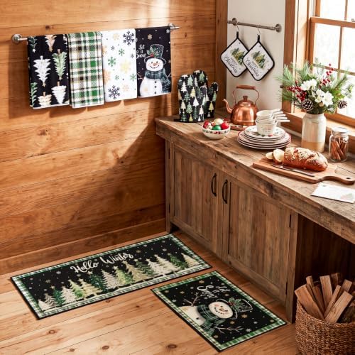 Fourluoo 10 Pcs Christmas Kitchen Decor Set Green Christmas Tree Rugs