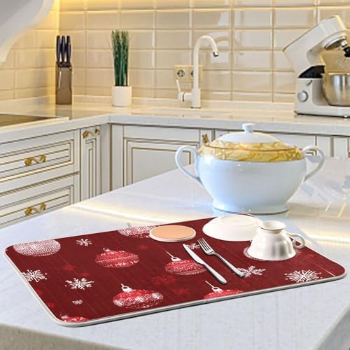 OTVEE Red Winter Ornament Art Dish Drying Mat for Kitchen Counter