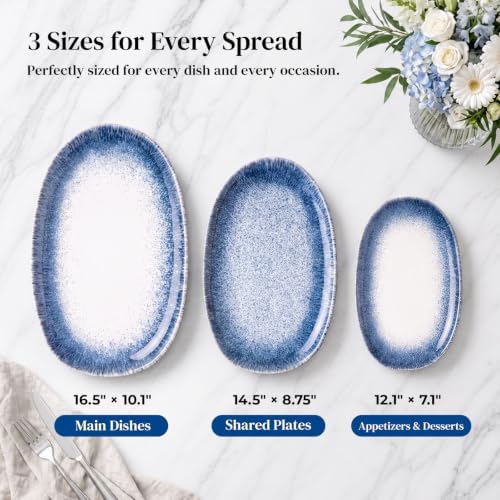 DOWAN Ceramic Serving Platters Set of 3 - Oval, Blue-to-White Ombre