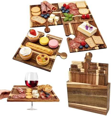 Puzzle Piece Charcuterie Board Set, 4-Piece Interlocking Acacia Wood Cheese Board & Appetizer Tray with Handles, Reversible Serving Platter for Party, Wine Night, Gift with Storage Box