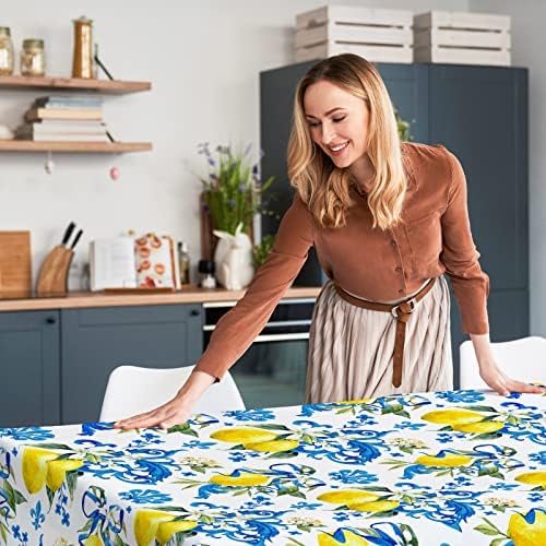Whaline Capari Lemon Tablecloth Blue Tile Lemon Flower Fabric Table