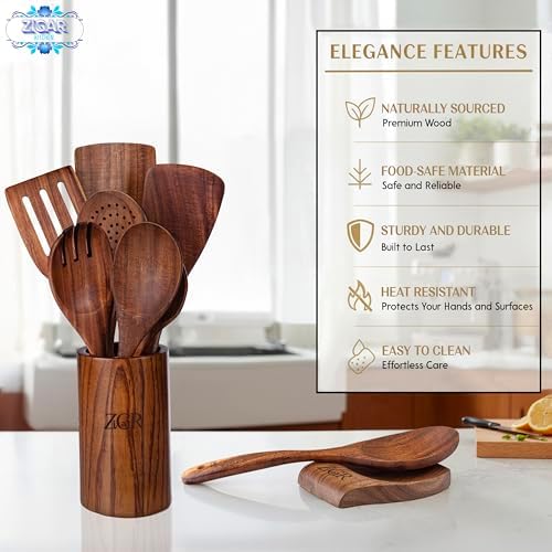 9 Pieces Natural Teak Wood Kitchen Utensil Set