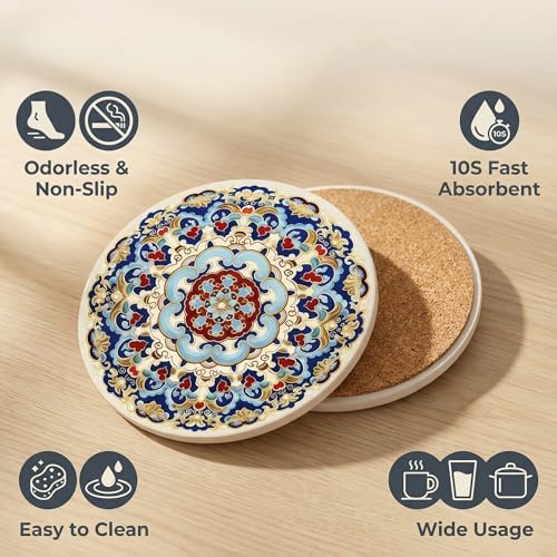 Mandala 4 Inches Round Absorbent Ceramic Coasters Set of 4, Boho