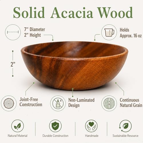 Wood Bowls for Food, Set of 4, 7 In Solid Acacia Salad, Cereal & Pasta