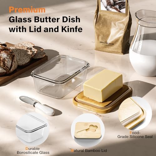 Glass Butter Dish with Bamboo Lid and Knife, Airtight Seal for