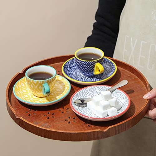 Selamica Ceramic 2 OZ Espresso Cups with Saucers, Set of 6, Assorted