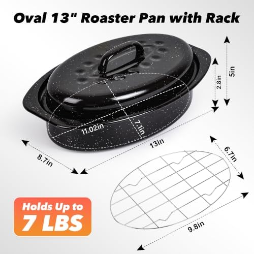 13” Roasting Pan with Lid and Rack, Small Enameled Chicken Roaster for