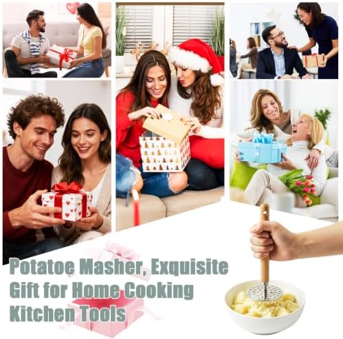 Potato Masher, 9in Wood Handle Stainless Steel Grid Masher Tool