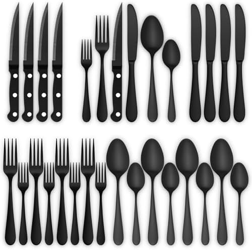 24-Piece Black Silverware Set with Steak Knives - Forks and Spoons