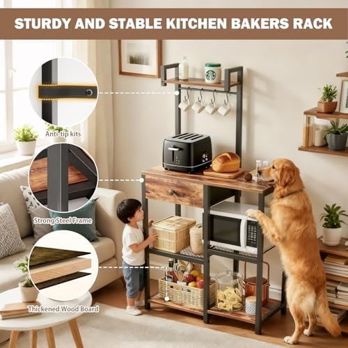 6-Tier Microwave Stand with Drawer and Hooks