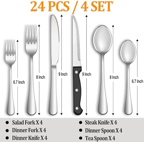 24 Pcs Silverware Set with Steak Knives for 4, Stainless Steel