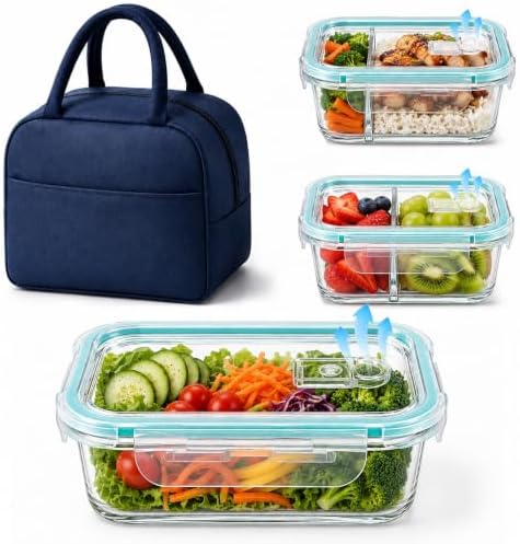 Glass Meal Prep Containers 3 Pack – Upgraded Version with Steam Vent