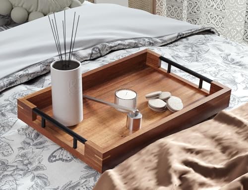 Fibogollo Acacia Wood Serving Tray with Metal Handles,15x10in Ottoman