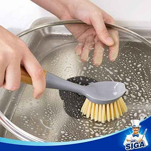 MR.SIGA Dish Brush with Bamboo Handle Built-in Scraper, Pack of 2