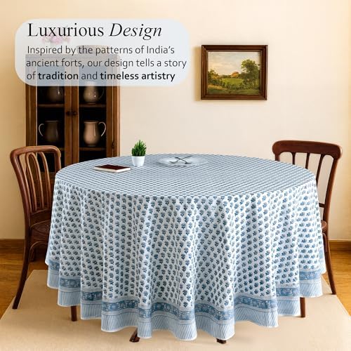 CPC Apatite Blue Block Print Cotton Tablecloth Round 60 Inch Home