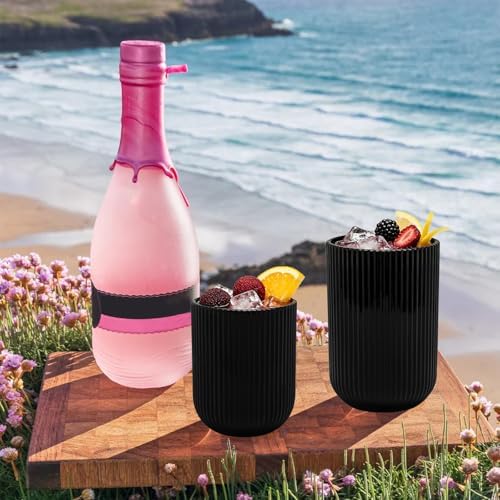 Black Ribbed Drinking Glasses Set of 12, 14 Oz Highball Glasses &