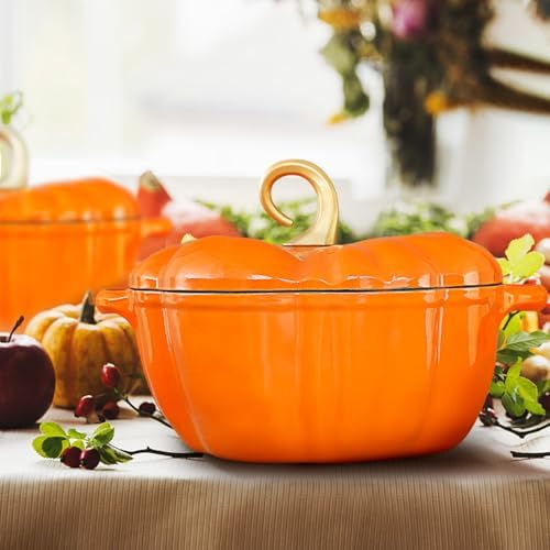 Flavehc Pumpkin Dutch Oven Pot with Lid 3.8 Qt, Enameled Cast Iron, Halloween Decor