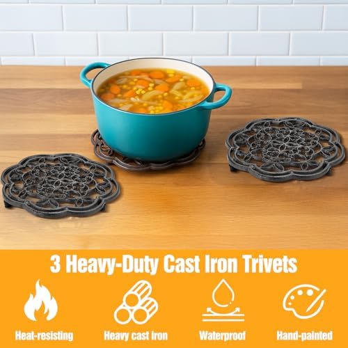 3 Pack Cast Iron Trivet, 7.7 Inch Round Heavy Duty Rustproof Trivets