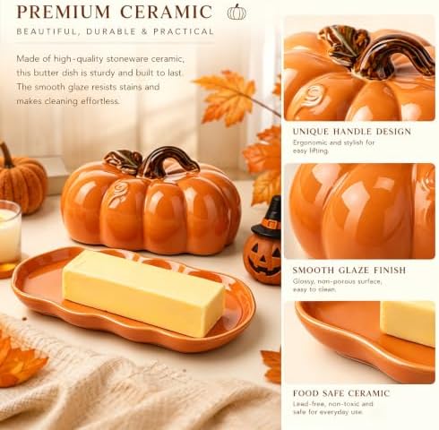 Ceramic Butter Dish with Lid for Countertop, Cute Pumpkin Butter