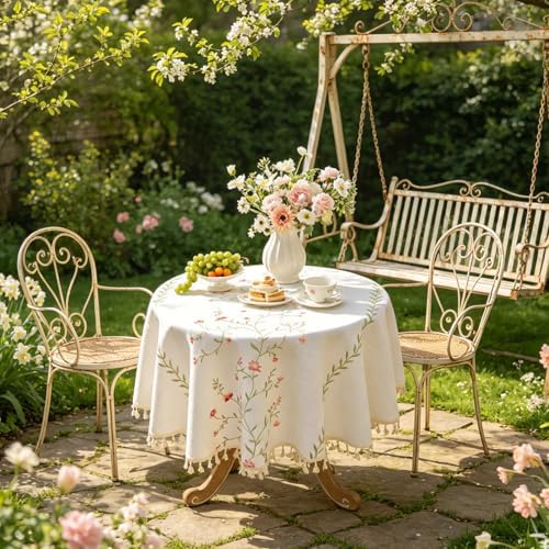 Laolitou Pink Floral Embroidery 55" Round Tablecloth with Tassels