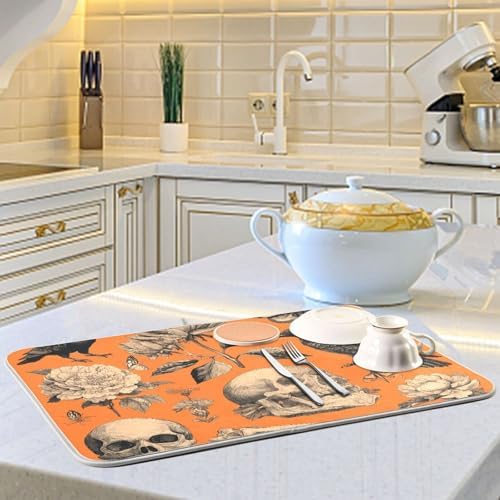 OTVEE Skull Floral Fantasy Dish Drying Mat for Kitchen Counter