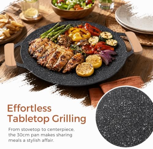 Round Korean Grill Pan, 30cm Nonstick Stone-Like Coated Iron BBQ Griddle with Wooden Handles for Home Camping Cooking