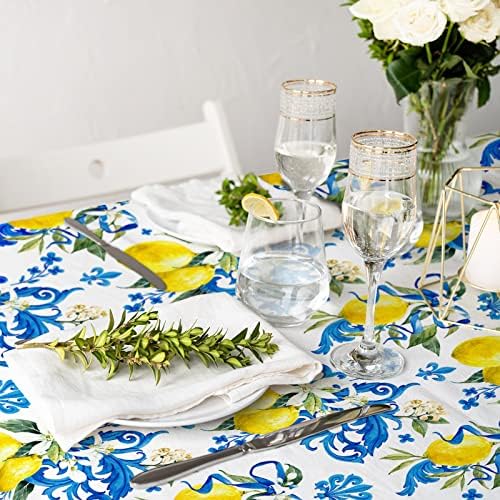 Whaline Capari Lemon Tablecloth Blue Tile Lemon Flower Fabric Table