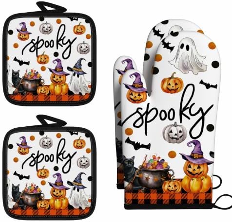 Halloween Spooky Ghost Oven Mitt and Pot Holder Set, 4PC