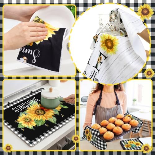 Fourluoo 7 Pcs Summer Sunflower Buffalo Plaid Kitchen Decor and