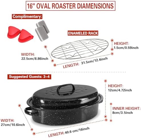 16 Inch Enamel Roasting Pan with Lid & Rack – Small Roaster Pan for Chicken, Vegetables, Lasagna – Oven & Dishwasher Safe, 932°F Heat Resistant – Includes Silicone Handles & Cleaning Sponges