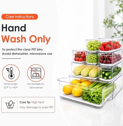SMRCAD Clear Fridge Bins with Drain Trays - BPA-Free PET, Stackable