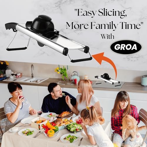 Groa Adjustable Mandoline Slicer for Kitchen– French Fry Cutter, Potato Slicer Vegetable Slicer Tomato Slicer in Kitchen Essentials with Resistant Gloves- Stainless Steel Mandolin vegetable cutter