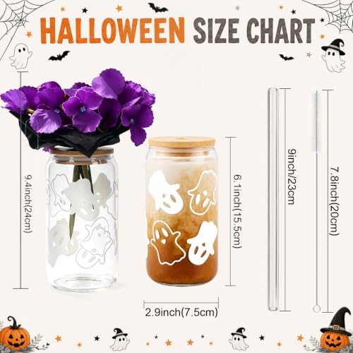 2-Pack Halloween Ghost Glass Cups with Lids& Straws, Boo Basket
