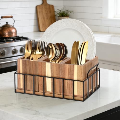 Silverware Holder for Party, Acacia Utensil Holder with 4 Removable