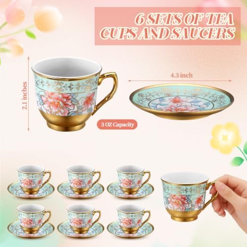 6 Pcs Green 3 oz Vintage Floral Tea Cup Set, Porcelain Gold Rim