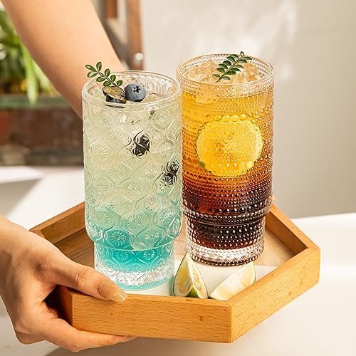 Drinking Glasses Set of 4, 16oz Textured Flower Design Cocktail