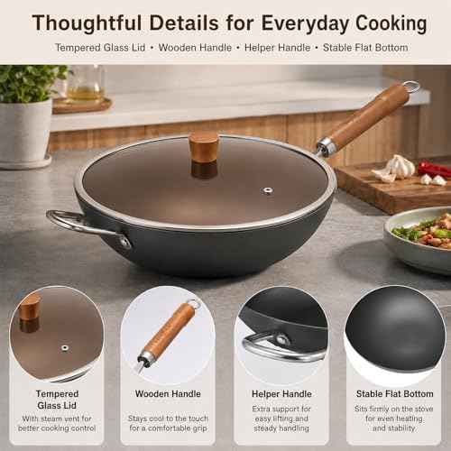 WANGYUANJI Carbon Steel Wok with Lid, 12.6 Inch Flat Bottom Chinese Wok