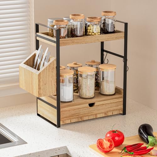2-Tier Wooden Bathroom Counter Organizer with Drawer