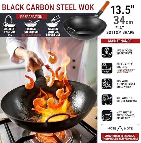 YOSUKATA 13.5" Pre-Seasoned Flat Bottom Black Carbon Steel Wok for Stir Fry