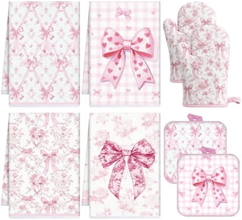 Pink Bows Kitchen Decor Set, 8 Pcs Coquettte Bow Home Accessories with