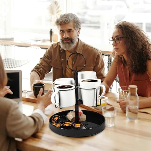 4 Mugs Stand Holder, Rotatable Metal Coffee & Beer Mug Rack with Tray