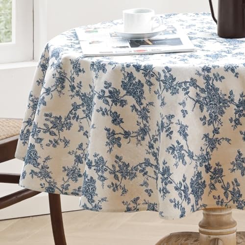 Cotton Linen Round Tablecloth, Blue Floral Table Cloth Round 47"